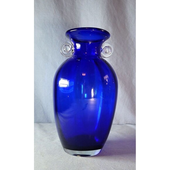 Cobalt Blue Amphora Vase 10"T Vintage Hand Blown w/ Clear Handles - Picture 2 of 10